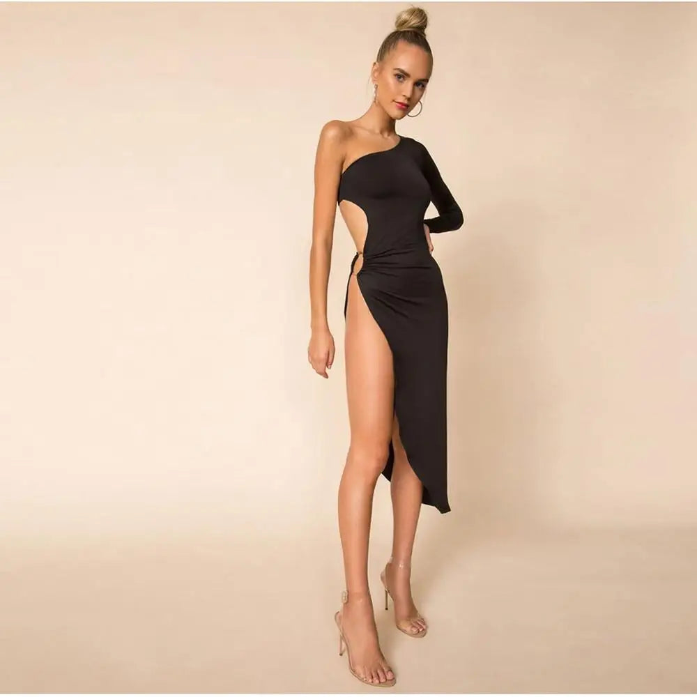 NOVA STORE Abito estivo con spacco alto per donne sexy, monospalla, tinta unita, traforato, abbigliamento da club, vestaglia da sera per interni ed esterni