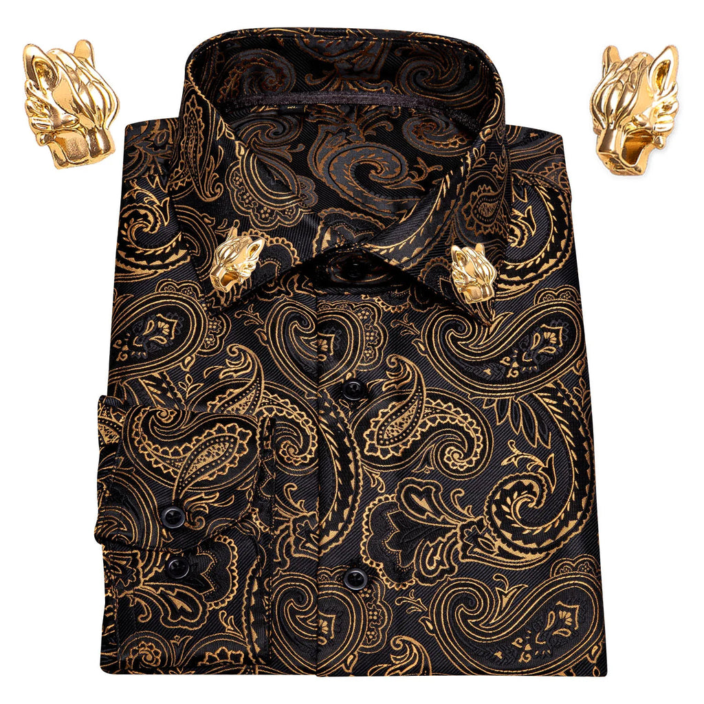 NOVA STORE Camicie da uomo a maniche lunghe con stampa paisley dorata, camicie casual con fiori per uomo, camicie eleganti, spilla da colletto leopardata firmata.