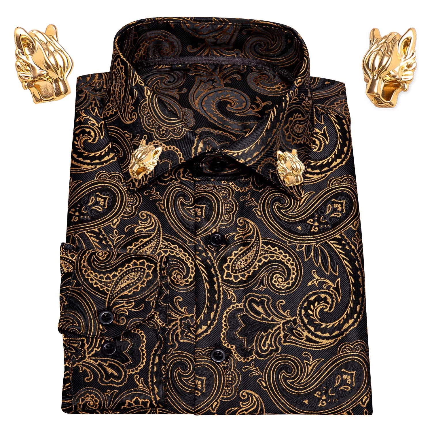 NOVA STORE Camicie da uomo a maniche lunghe con stampa paisley dorata, camicie casual con fiori per uomo, camicie eleganti, spilla da colletto leopardata firmata.