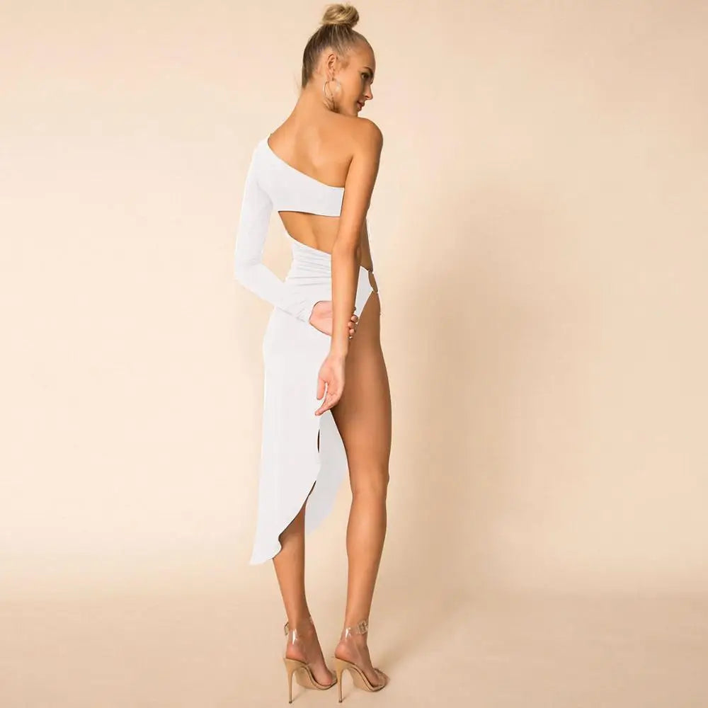 NOVA STORE Abito estivo con spacco alto per donne sexy, monospalla, tinta unita, traforato, abbigliamento da club, vestaglia da sera per interni ed esterni