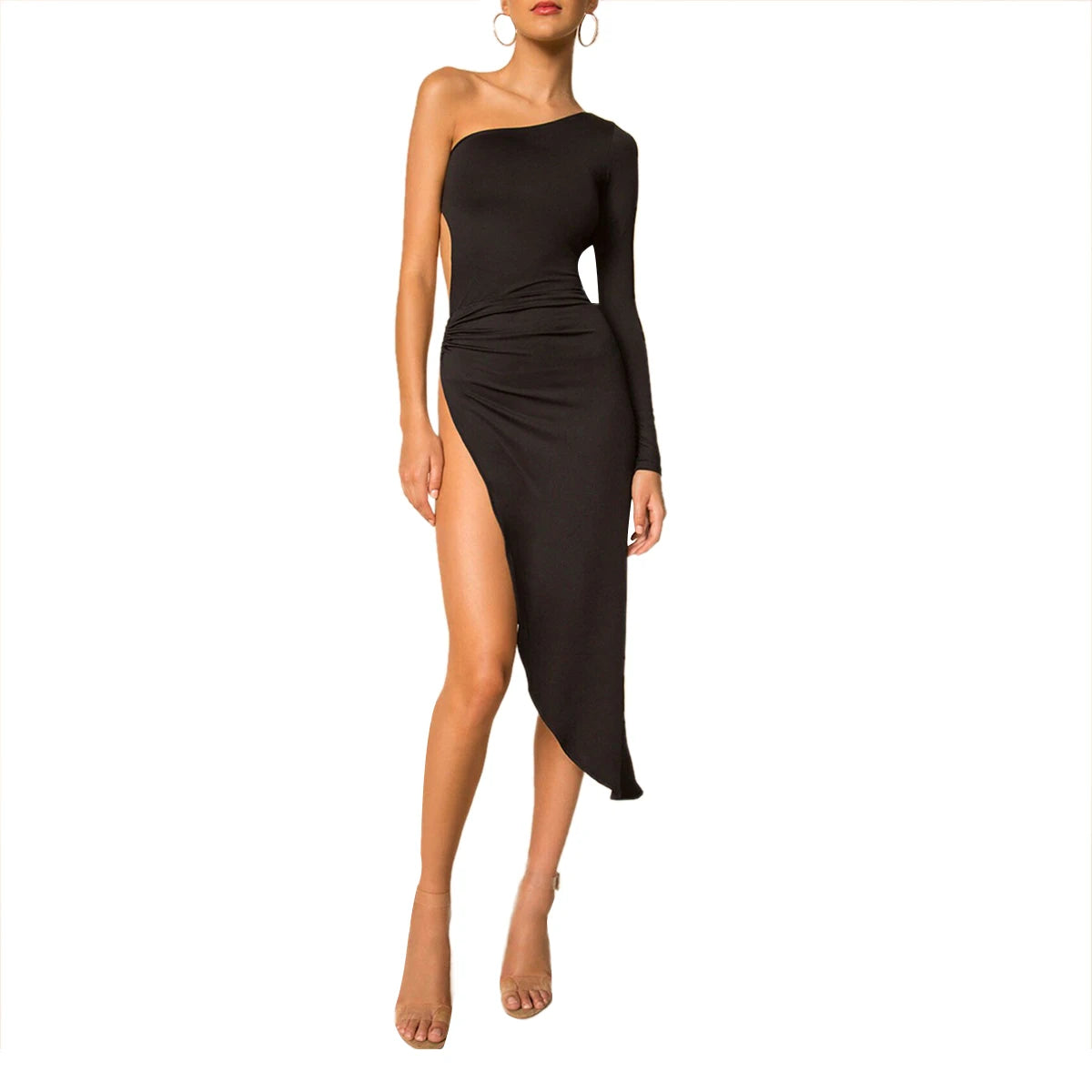 NOVA STORE Abito estivo con spacco alto per donne sexy, monospalla, tinta unita, traforato, abbigliamento da club, vestaglia da sera per interni ed esterni