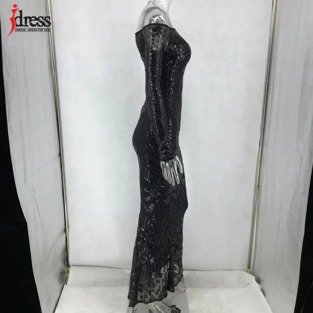 Abito lungo da donna HBLL Autunno Inverno Elegante abito da festa in discoteca con maniche lunghe e scollo a V, abito lungo sexy Maxi abito