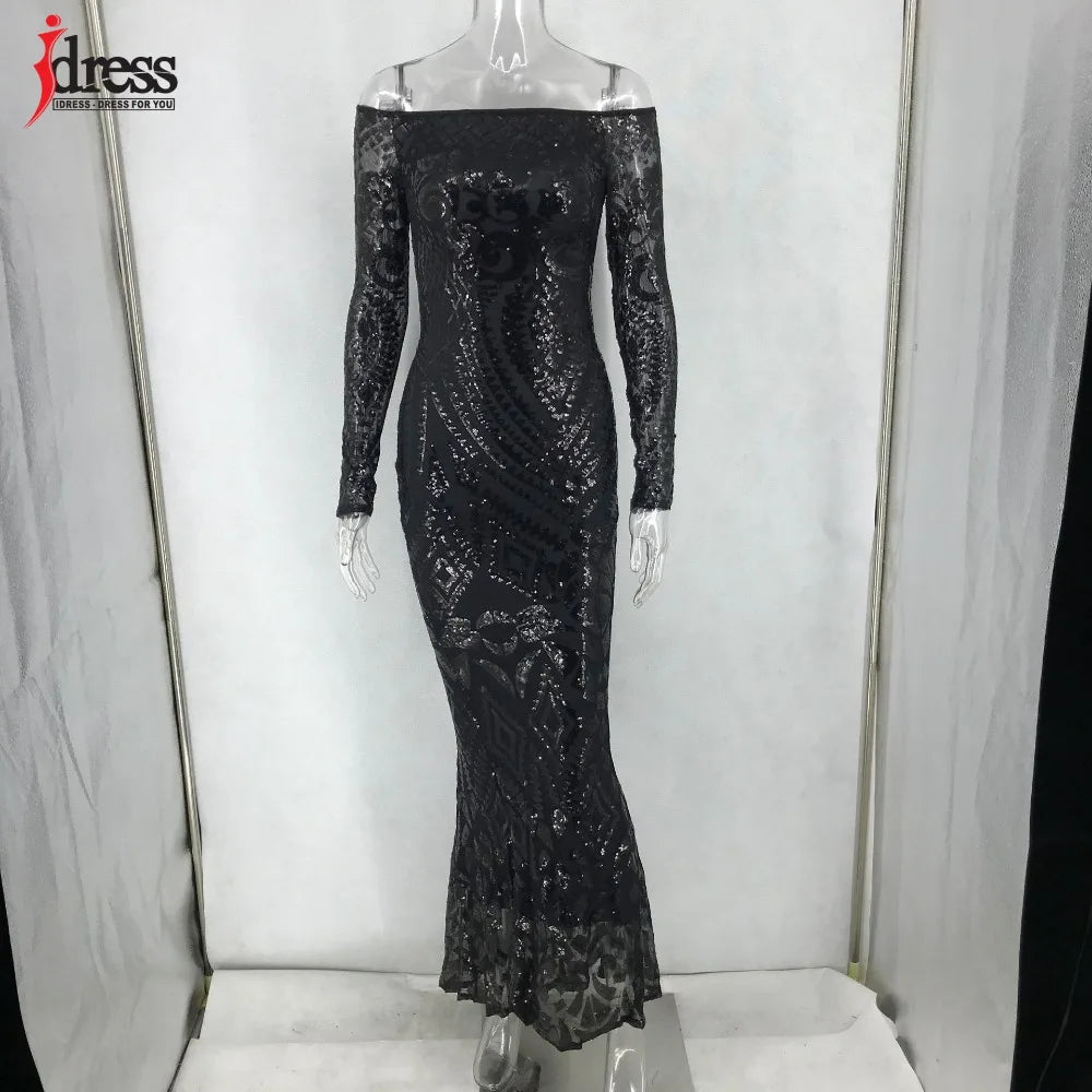 Abito lungo da donna HBLL Autunno Inverno Elegante abito da festa in discoteca con maniche lunghe e scollo a V, abito lungo sexy Maxi abito