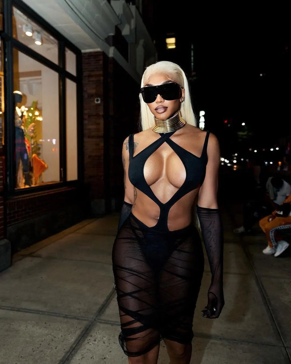 Abito da donna di alta qualità senza maniche, sexy, con scollo all'americana, trasparente, aderente a metà polpaccio, perfetto per serate in discoteca, feste e celebrazioni.