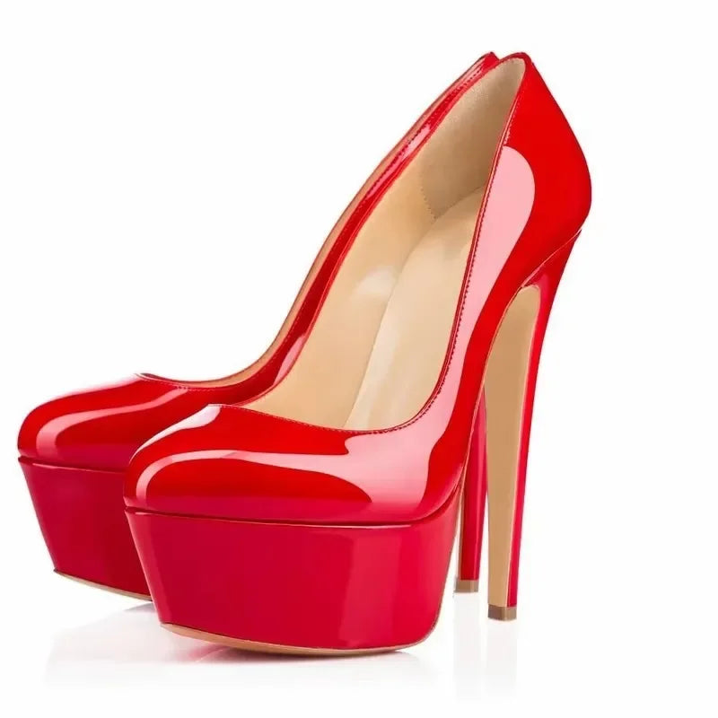 Décolleté da donna con tacco a spillo 14 cm, tacchi altissimi da spogliarellista e pole dance, plateau sexy, punta tonda, scarpe da festa rosse e nere, scarpe da matrimonio