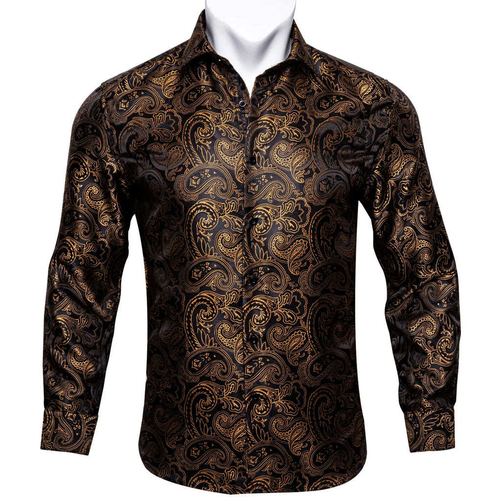 NOVA STORE Camicie da uomo a maniche lunghe con stampa paisley dorata, camicie casual con fiori per uomo, camicie eleganti, spilla da colletto leopardata firmata.