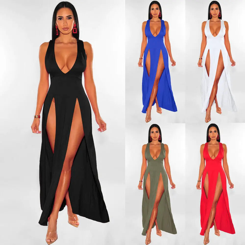 Abito lungo estivo sexy senza maniche da donna, perfetto per feste, con doppio spacco.