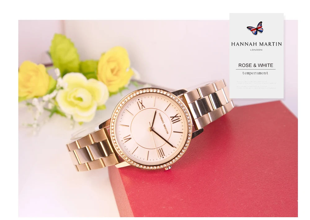 Set regalo di orologi da donna di marca Hannah Martin 34 mm, classico, di lusso, con diamanti incastonati, movimento giapponese originale, orologi eleganti da sera da donna.