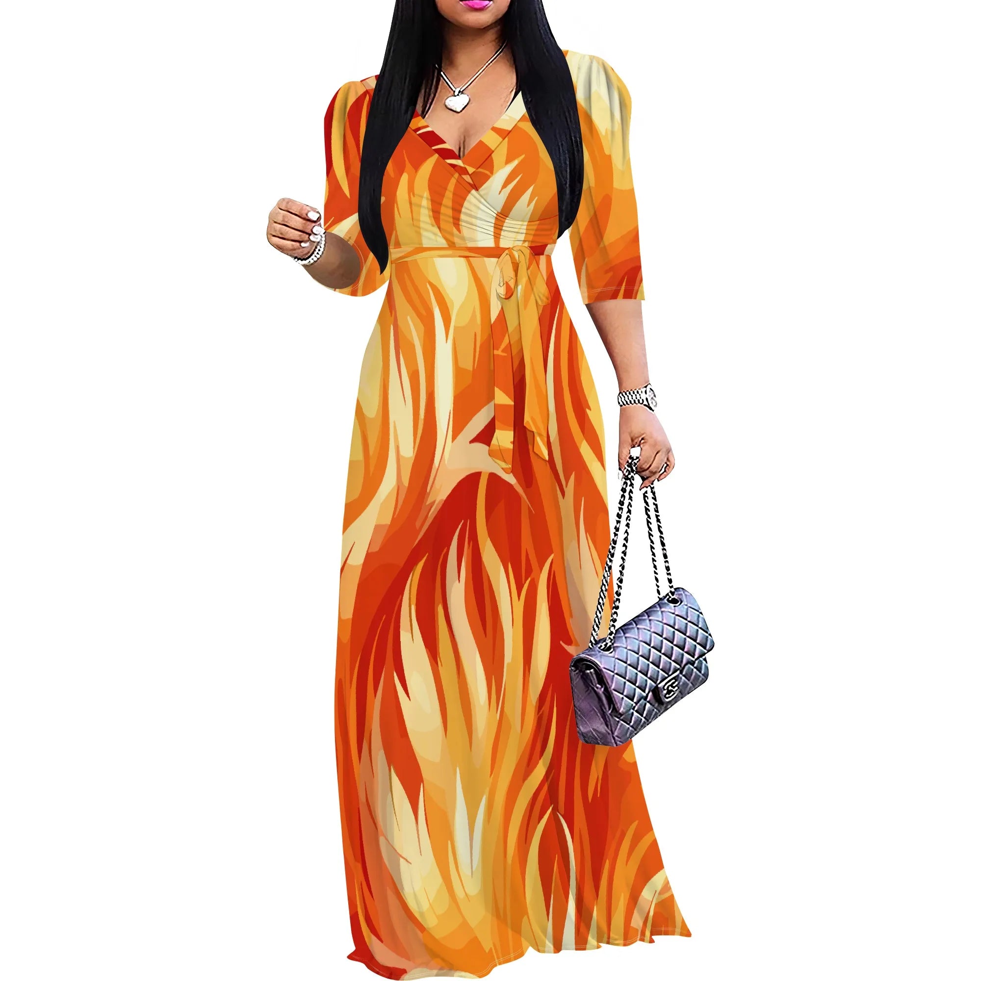 Abito lungo sexy da donna con scollo a V e stampa, maniche a 3/4, vestibilità ampia e cintura.