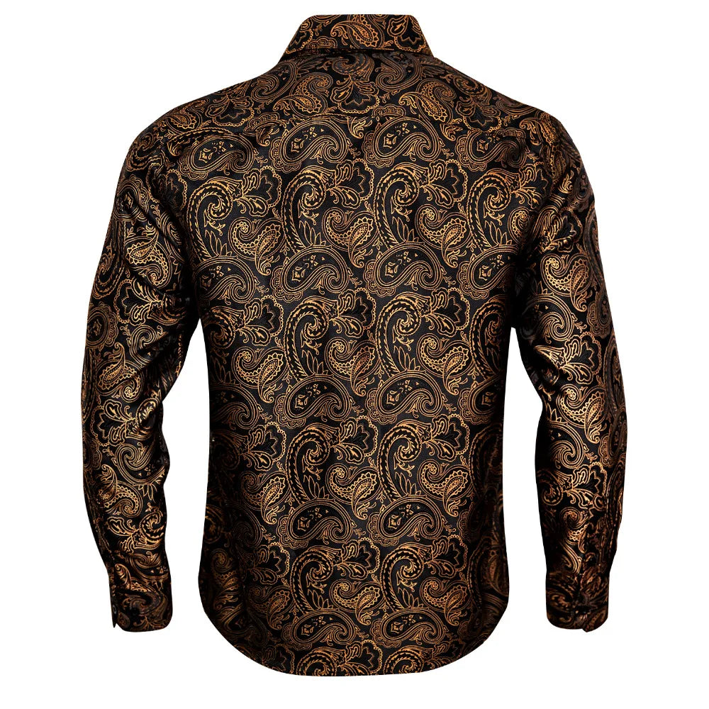 NOVA STORE Camicie da uomo a maniche lunghe con stampa paisley dorata, camicie casual con fiori per uomo, camicie eleganti, spilla da colletto leopardata firmata.
