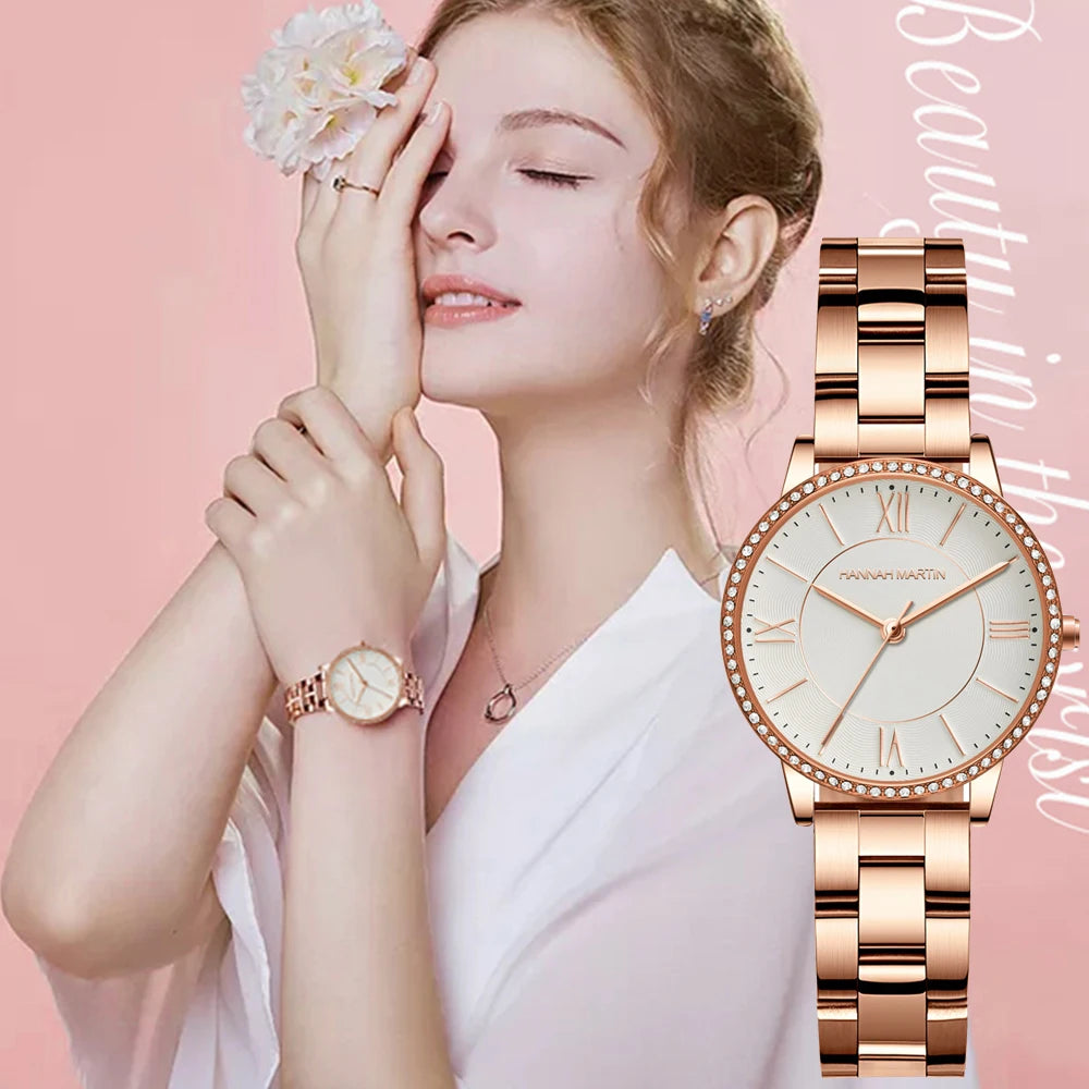 Set regalo di orologi da donna di marca Hannah Martin 34 mm, classico, di lusso, con diamanti incastonati, movimento giapponese originale, orologi eleganti da sera da donna.