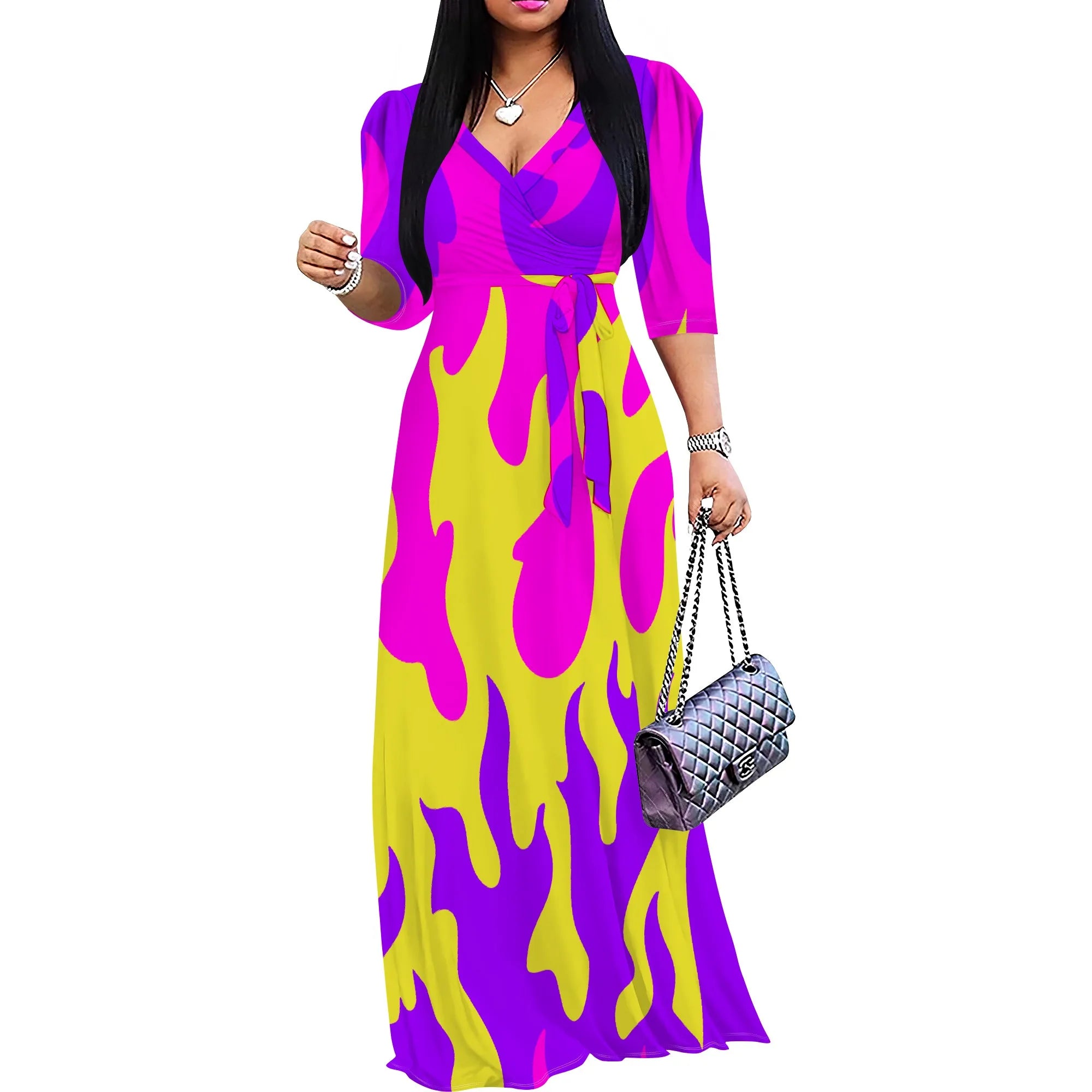 Abito lungo sexy da donna con scollo a V e stampa, maniche a 3/4, vestibilità ampia e cintura.