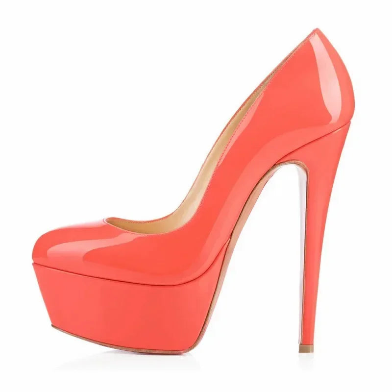 Décolleté da donna con tacco a spillo 14 cm, tacchi altissimi da spogliarellista e pole dance, plateau sexy, punta tonda, scarpe da festa rosse e nere, scarpe da matrimonio