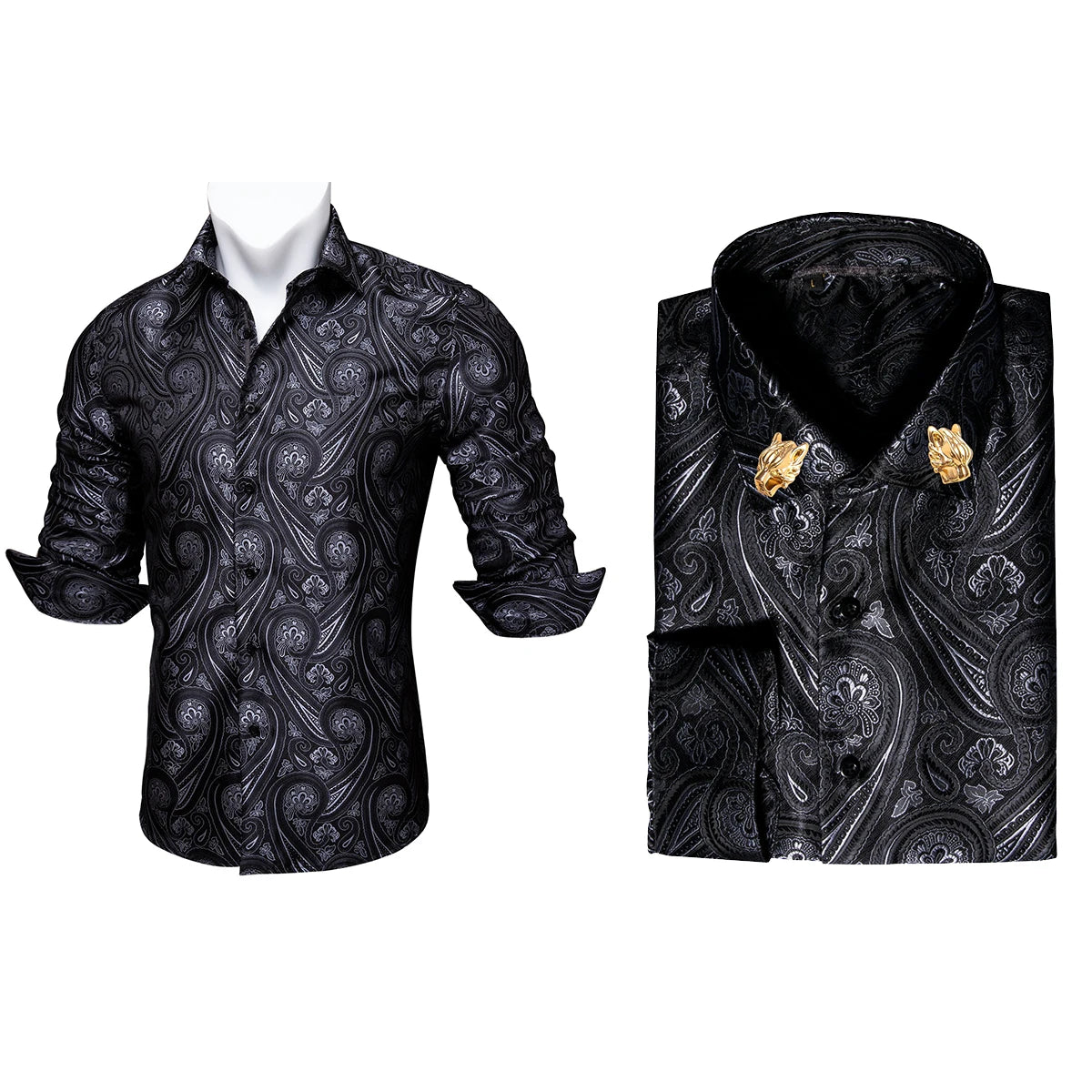 NOVA STORE Camicie da uomo a maniche lunghe con stampa paisley dorata, camicie casual con fiori per uomo, camicie eleganti, spilla da colletto leopardata firmata.