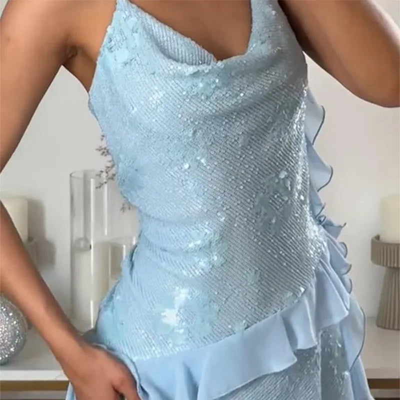 Mini abito con paillettes e volant da donna, abito sottoveste slim con scollo a cascata, senza schienale, estivo, per vacanze, spiaggia, club, feste, abito corto tinta unita da donna