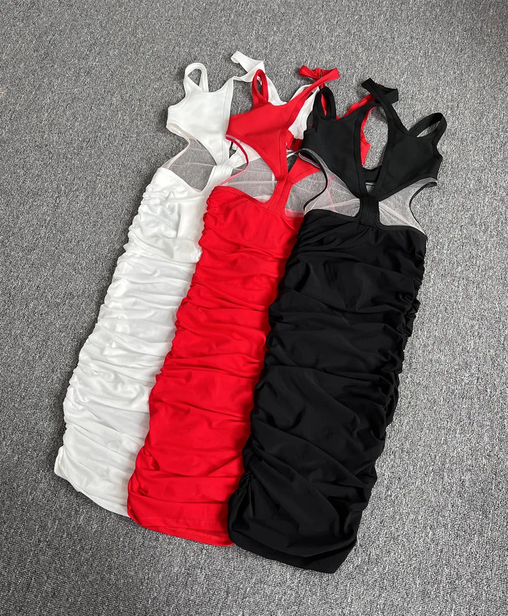 Abito da donna di alta qualità senza maniche, sexy, con scollo all'americana, trasparente, aderente a metà polpaccio, perfetto per serate in discoteca, feste e celebrazioni.