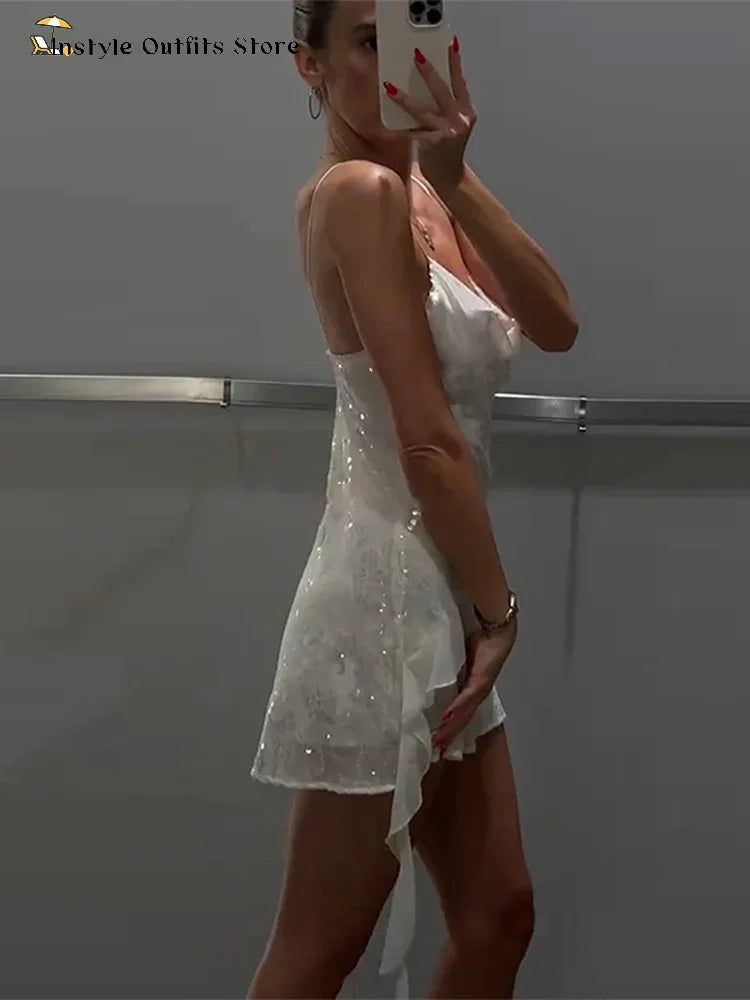 Mini abito con paillettes e volant da donna, abito sottoveste slim con scollo a cascata, senza schienale, estivo, per vacanze, spiaggia, club, feste, abito corto tinta unita da donna