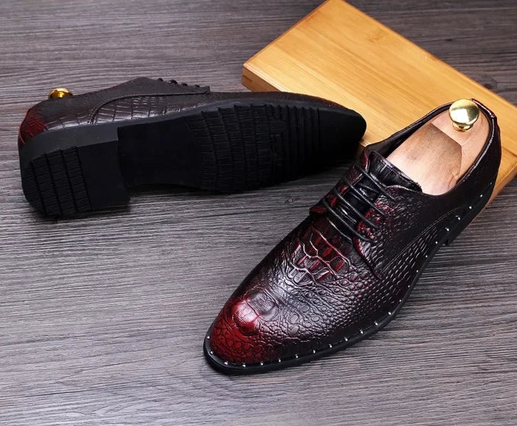 Scarpe eleganti da uomo in pelle con stampa alligatore, modello Oxford casual a punta, con lacci, ideali per ufficio e lavoro, collezione 2025.