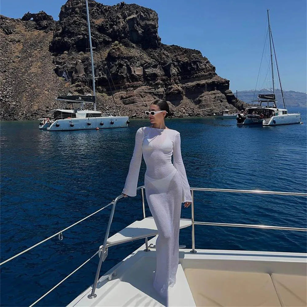 NOVA STORE Abito lungo da donna a portafoglio con maniche lunghe, scollo rotondo, trasparente, con protezione solare, tinta unita, senza schienale, abito lungo da spiaggia estivo, copricostume.