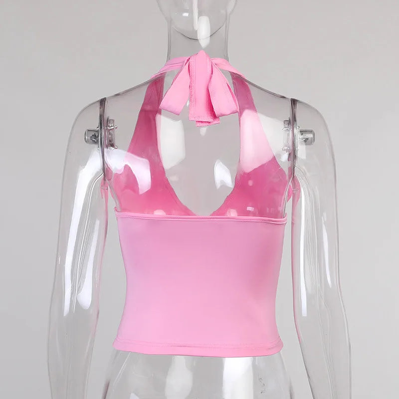 NOVA STORE Canotta estiva con scollo all'americana, canotta sexy da donna con scollo a V, canotta skinny senza schienale, maglietta rosa con corsetto, top da donna, maglietta