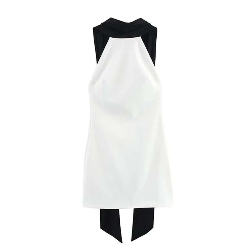 NOVA STORE Abito corto estivo da donna, bianco, con collo alto, senza maniche, schiena scoperta e cerniera, stile vacanze, sexy.