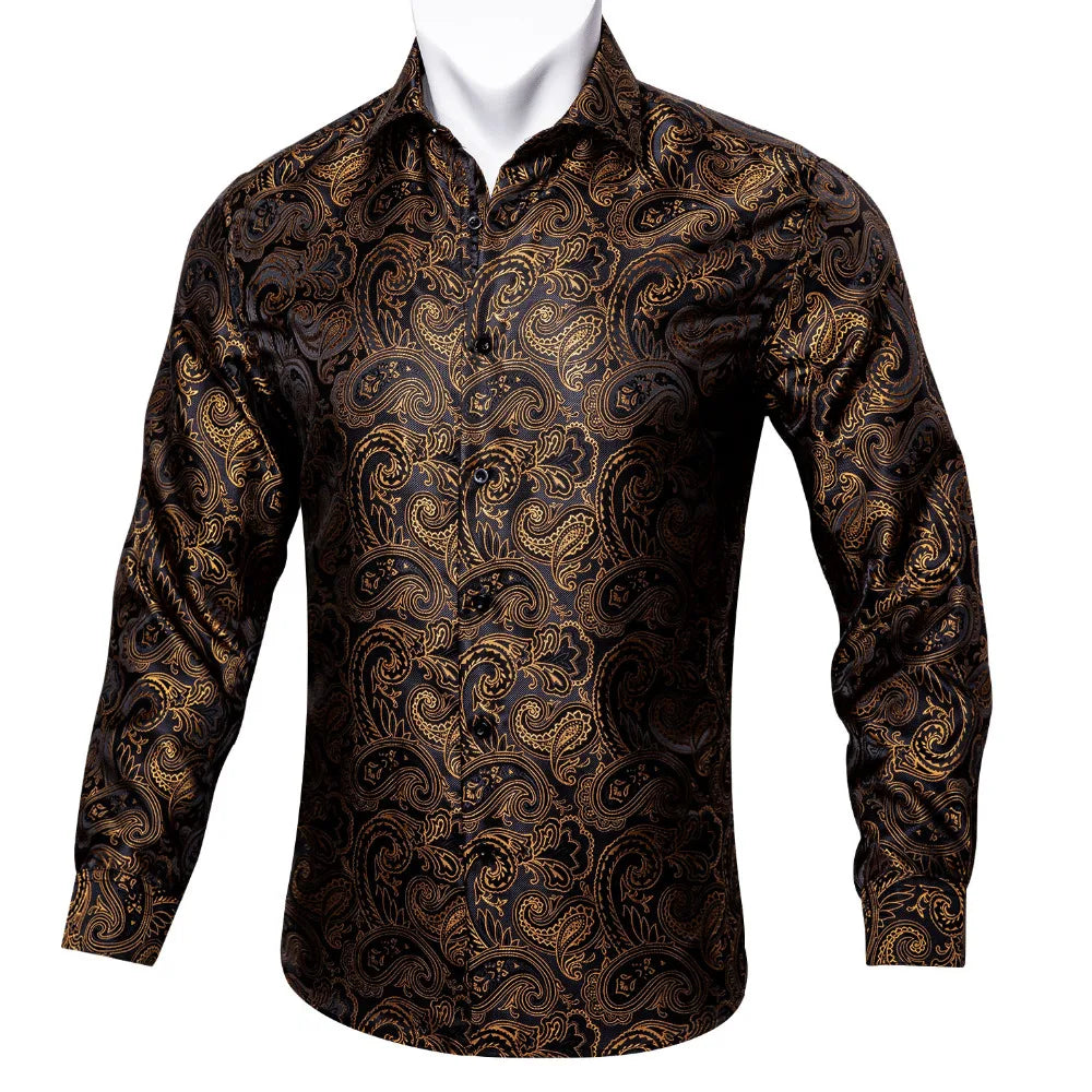 NOVA STORE Camicie da uomo a maniche lunghe con stampa paisley dorata, camicie casual con fiori per uomo, camicie eleganti, spilla da colletto leopardata firmata.