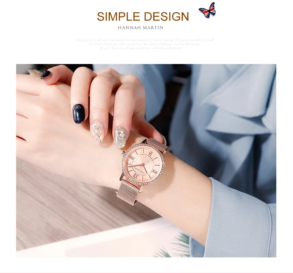 Set regalo di orologi da donna di marca Hannah Martin 34 mm, classico, di lusso, con diamanti incastonati, movimento giapponese originale, orologi eleganti da sera da donna.