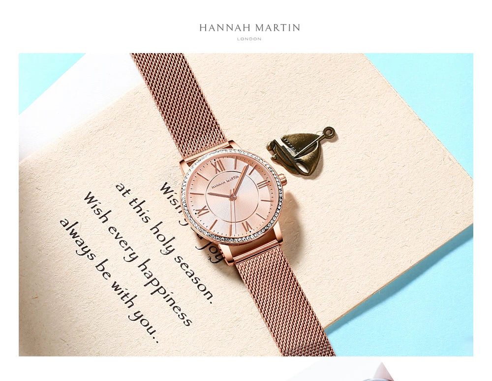 Set regalo di orologi da donna di marca Hannah Martin 34 mm, classico, di lusso, con diamanti incastonati, movimento giapponese originale, orologi eleganti da sera da donna.