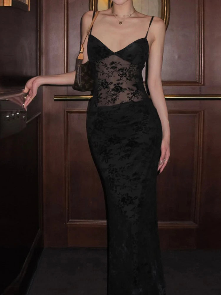 Abito lungo Sisterlinda con scollo a V in pizzo, sexy e seducente, con spalline sottili sulla schiena, tubino trasparente e splendido abito da festa.