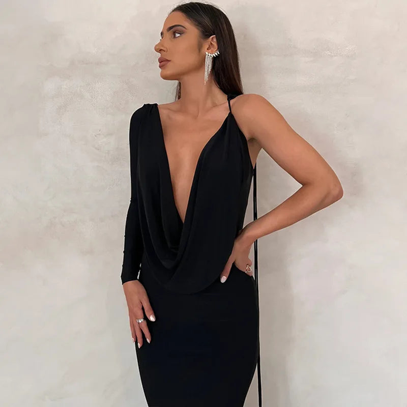 Abito lungo monospalla con lacci Dulzura per donna, aderente, elegante, perfetto per feste, compleanni e serate estive 2023.