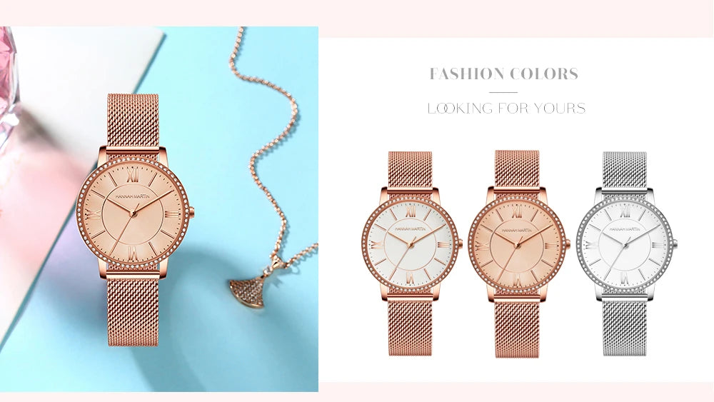 Set regalo di orologi da donna di marca Hannah Martin 34 mm, classico, di lusso, con diamanti incastonati, movimento giapponese originale, orologi eleganti da sera da donna.