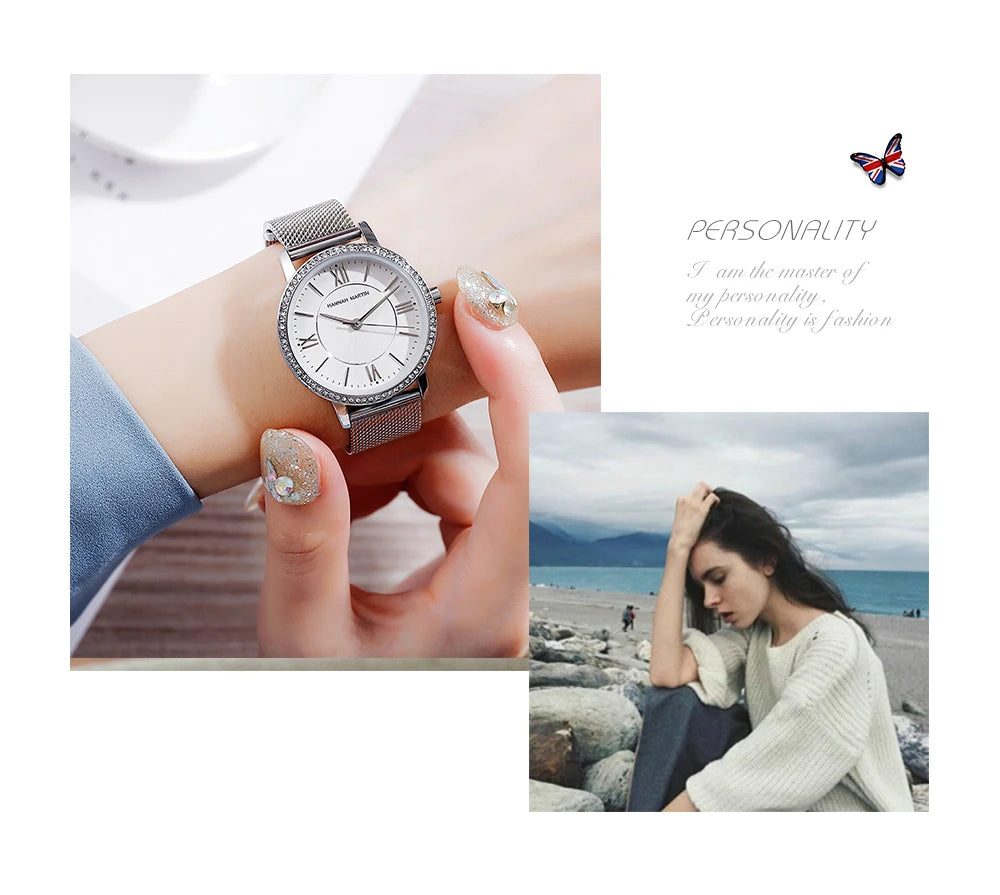 Set regalo di orologi da donna di marca Hannah Martin 34 mm, classico, di lusso, con diamanti incastonati, movimento giapponese originale, orologi eleganti da sera da donna.