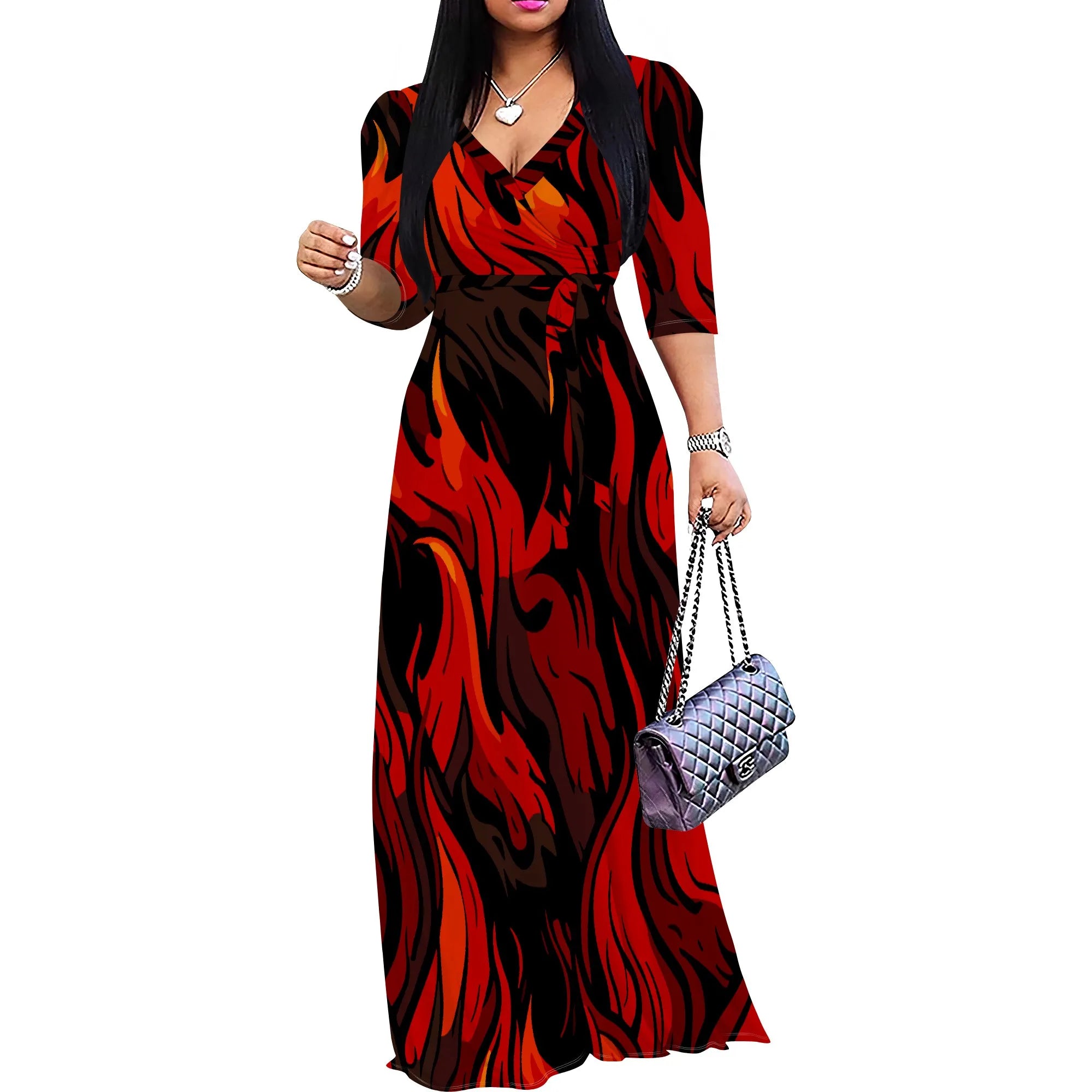 Abito lungo sexy da donna con scollo a V e stampa, maniche a 3/4, vestibilità ampia e cintura.