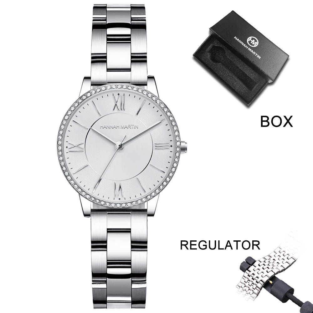Set regalo di orologi da donna di marca Hannah Martin 34 mm, classico, di lusso, con diamanti incastonati, movimento giapponese originale, orologi eleganti da sera da donna.