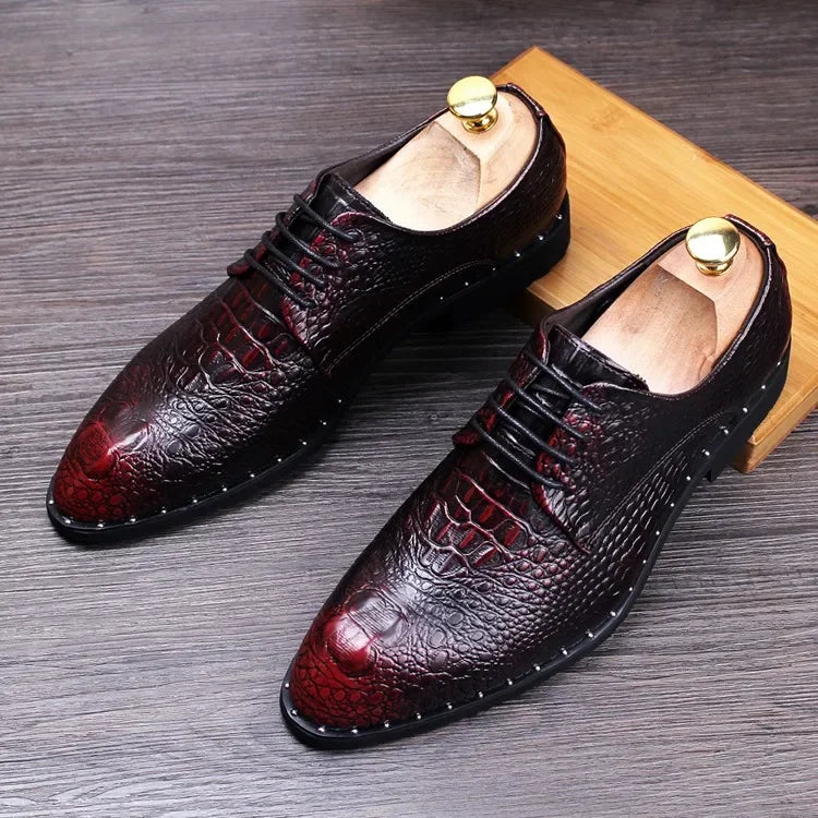 Scarpe eleganti da uomo in pelle con stampa alligatore, modello Oxford casual a punta, con lacci, ideali per ufficio e lavoro, collezione 2025.