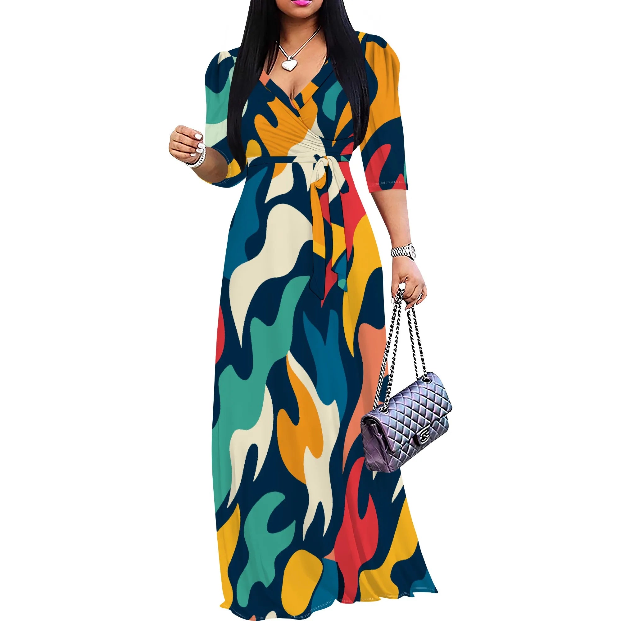 Abito lungo sexy da donna con scollo a V e stampa, maniche a 3/4, vestibilità ampia e cintura.