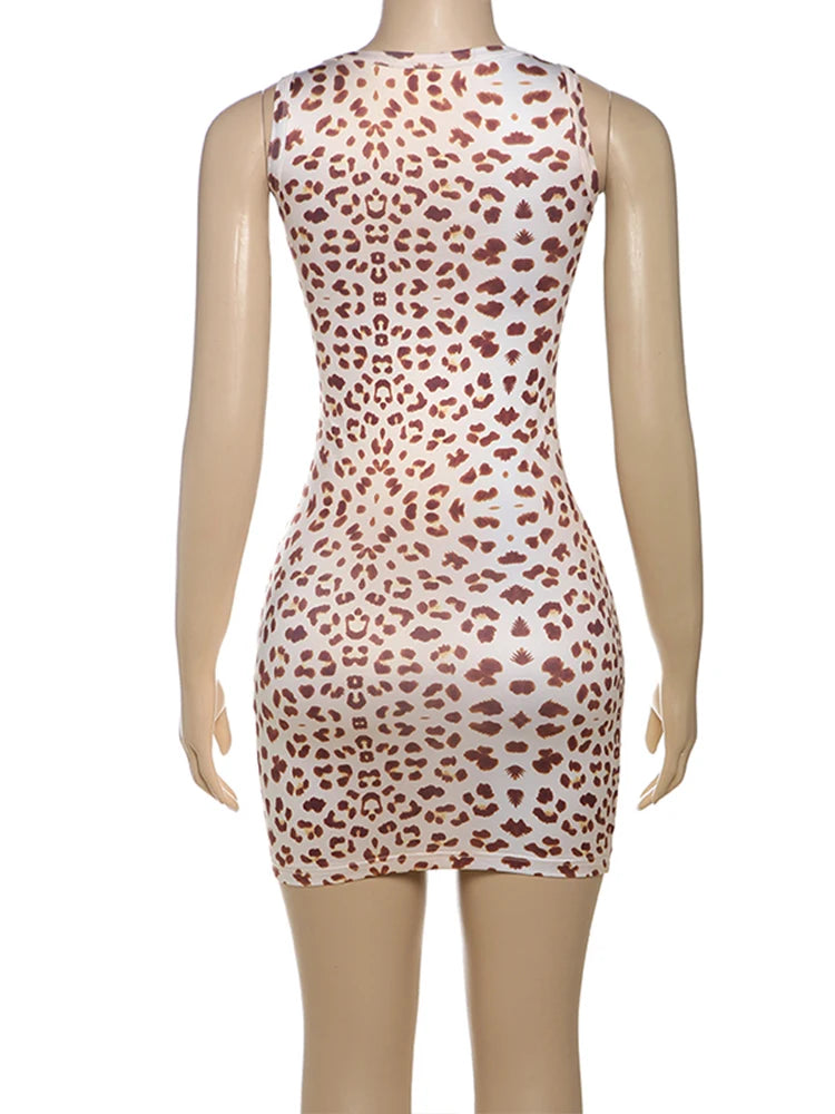 Abito leopardato Weird Puss da donna con colletto quadrato in pizzo, senza maniche, mini body aderente, perfetto per ragazze sexy, feste in discoteca a mezzanotte, outfit hipster