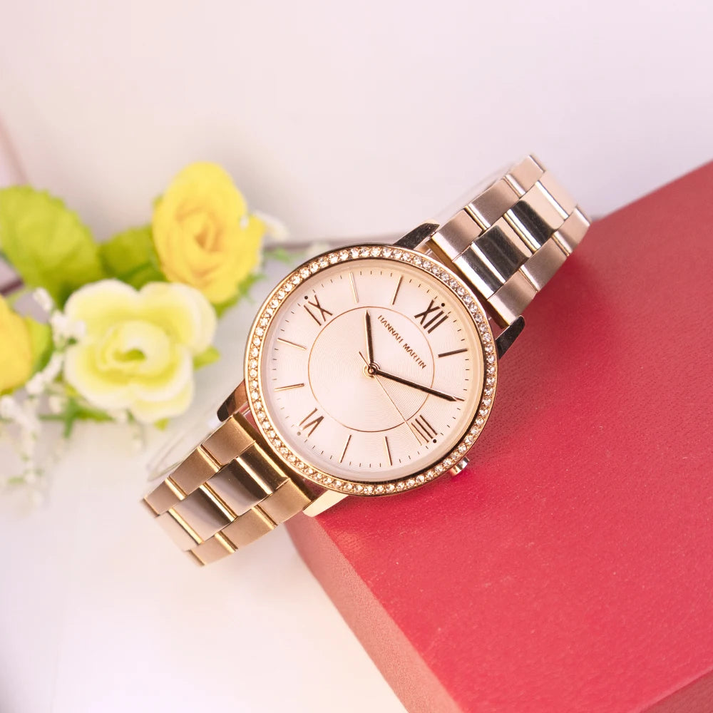 Set regalo di orologi da donna di marca Hannah Martin 34 mm, classico, di lusso, con diamanti incastonati, movimento giapponese originale, orologi eleganti da sera da donna.