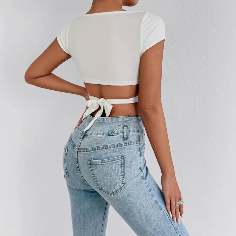 Maglietta estiva da donna sexy con scollo a V, vita alta, push-up, crop top, tessuto elasticizzato, ideale per tutti i giorni, per il club, per la spiaggia, elegante, vestibilità curvy.