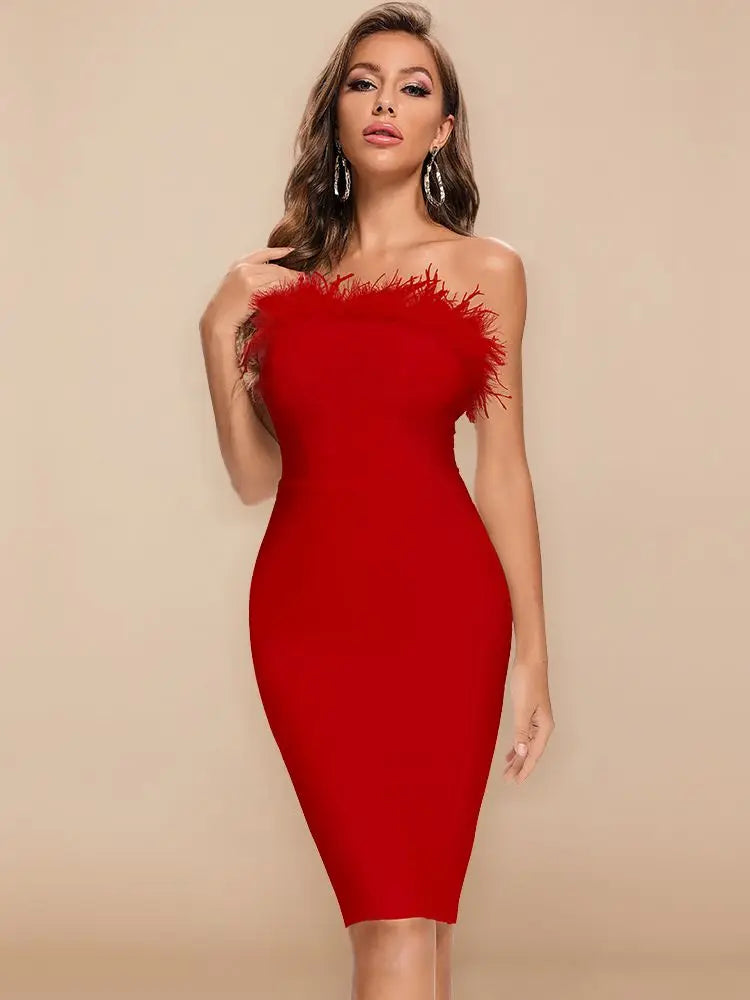 BEAUKEY Abiti da donna sexy neri con piume, abiti di lusso con fascia, abito aderente rosso estivo per cocktail party, abito da club bianco Vestidos XL