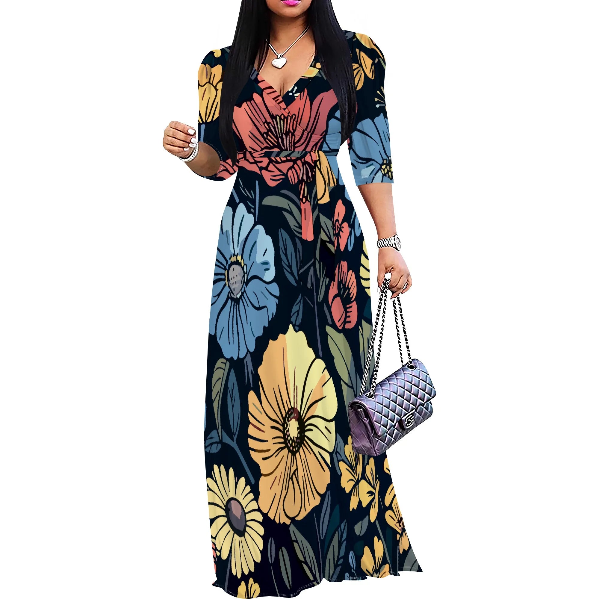 Abito lungo sexy da donna con scollo a V e stampa, maniche a 3/4, vestibilità ampia e cintura.