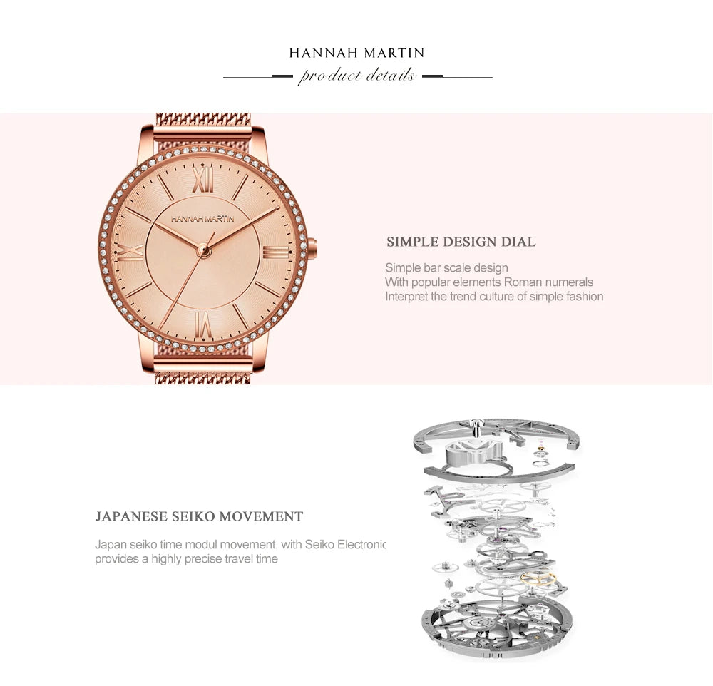 Set regalo di orologi da donna di marca Hannah Martin 34 mm, classico, di lusso, con diamanti incastonati, movimento giapponese originale, orologi eleganti da sera da donna.