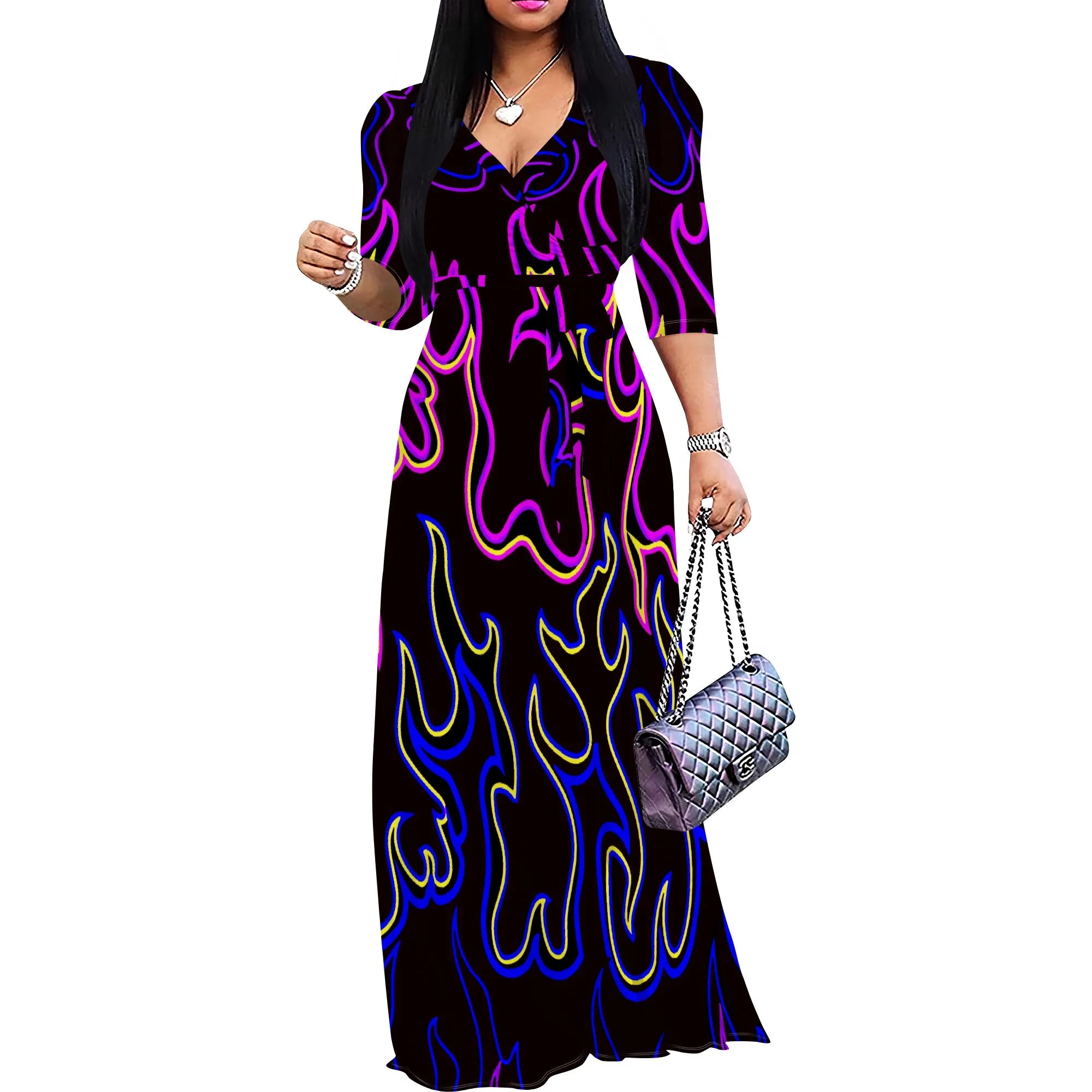 Abito lungo sexy da donna con scollo a V e stampa, maniche a 3/4, vestibilità ampia e cintura.