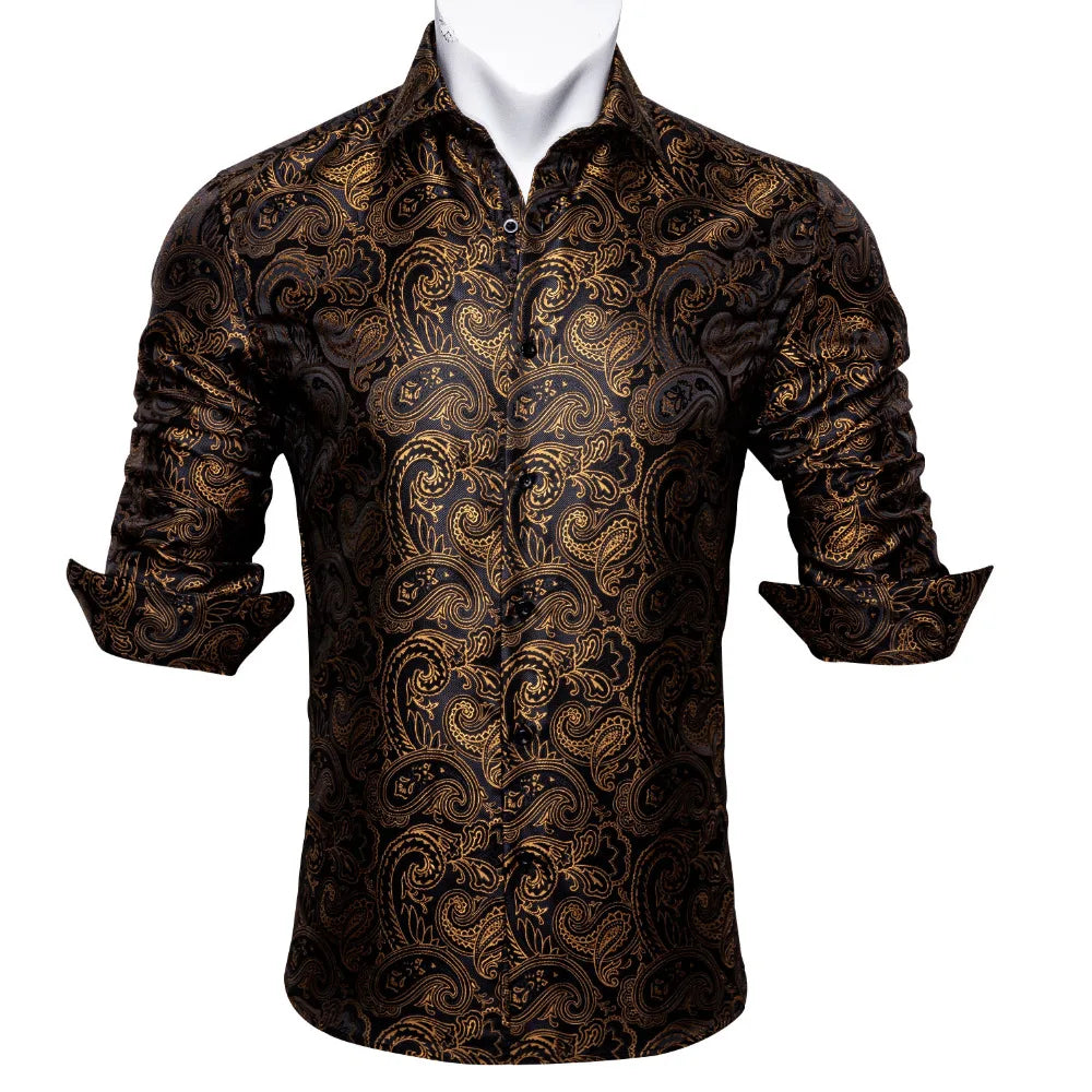 NOVA STORE Camicie da uomo a maniche lunghe con stampa paisley dorata, camicie casual con fiori per uomo, camicie eleganti, spilla da colletto leopardata firmata.