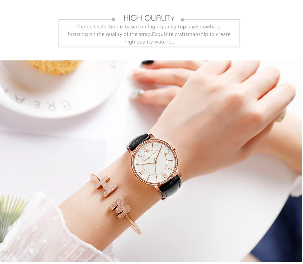 Set regalo di orologi da donna di marca Hannah Martin 34 mm, classico, di lusso, con diamanti incastonati, movimento giapponese originale, orologi eleganti da sera da donna.