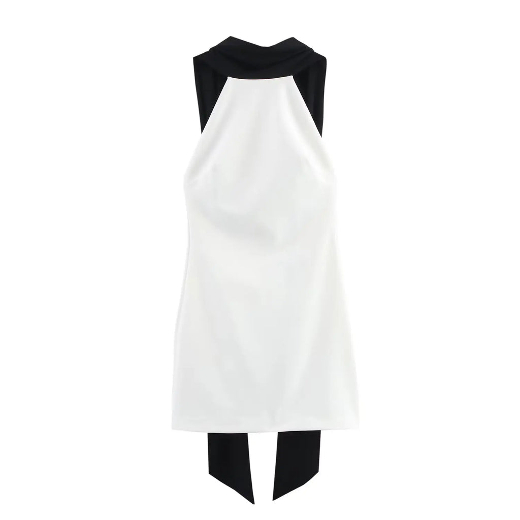 NOVA STORE Abito corto estivo da donna, bianco, con collo alto, senza maniche, schiena scoperta e cerniera, stile vacanze, sexy.