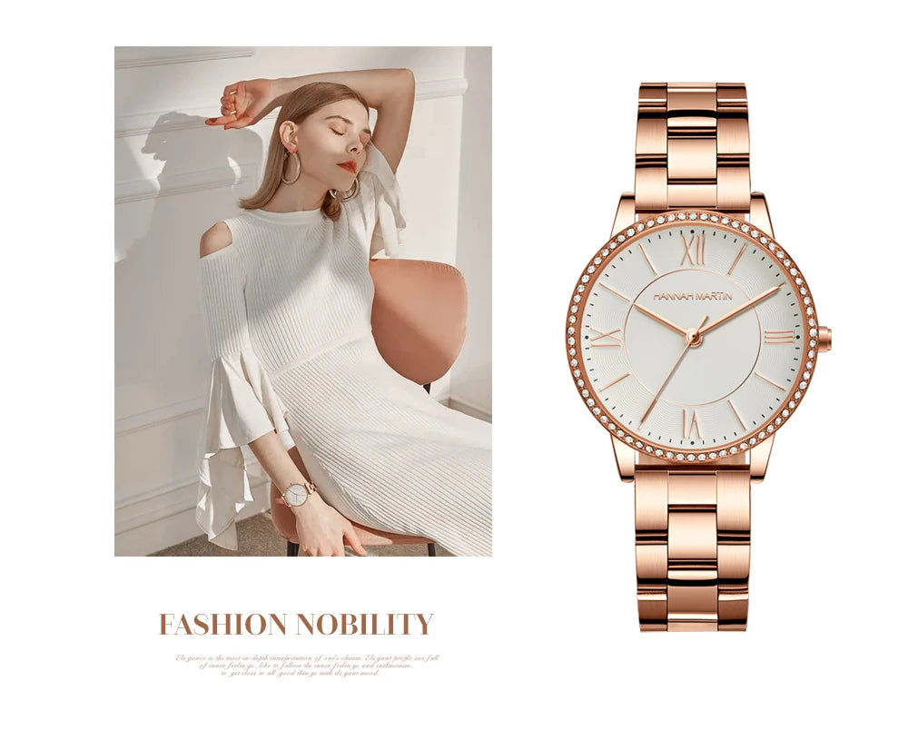 Set regalo di orologi da donna di marca Hannah Martin 34 mm, classico, di lusso, con diamanti incastonati, movimento giapponese originale, orologi eleganti da sera da donna.