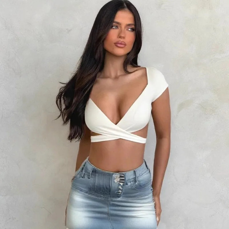 Maglietta estiva da donna sexy con scollo a V, vita alta, push-up, crop top, tessuto elasticizzato, ideale per tutti i giorni, per il club, per la spiaggia, elegante, vestibilità curvy.