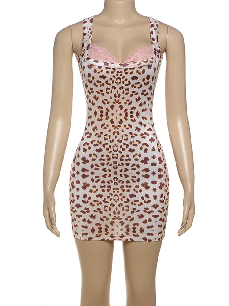 Abito leopardato Weird Puss da donna con colletto quadrato in pizzo, senza maniche, mini body aderente, perfetto per ragazze sexy, feste in discoteca a mezzanotte, outfit hipster