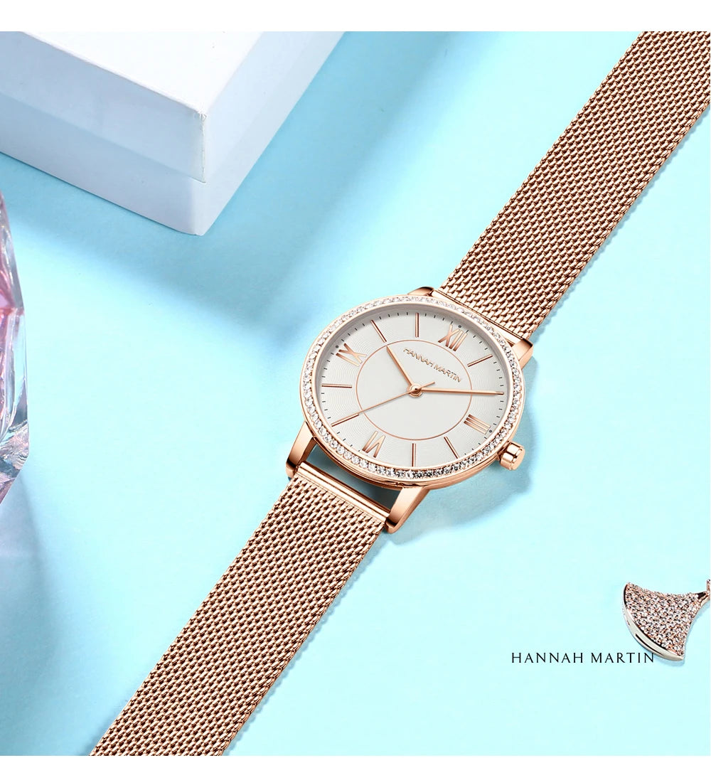 Set regalo di orologi da donna di marca Hannah Martin 34 mm, classico, di lusso, con diamanti incastonati, movimento giapponese originale, orologi eleganti da sera da donna.